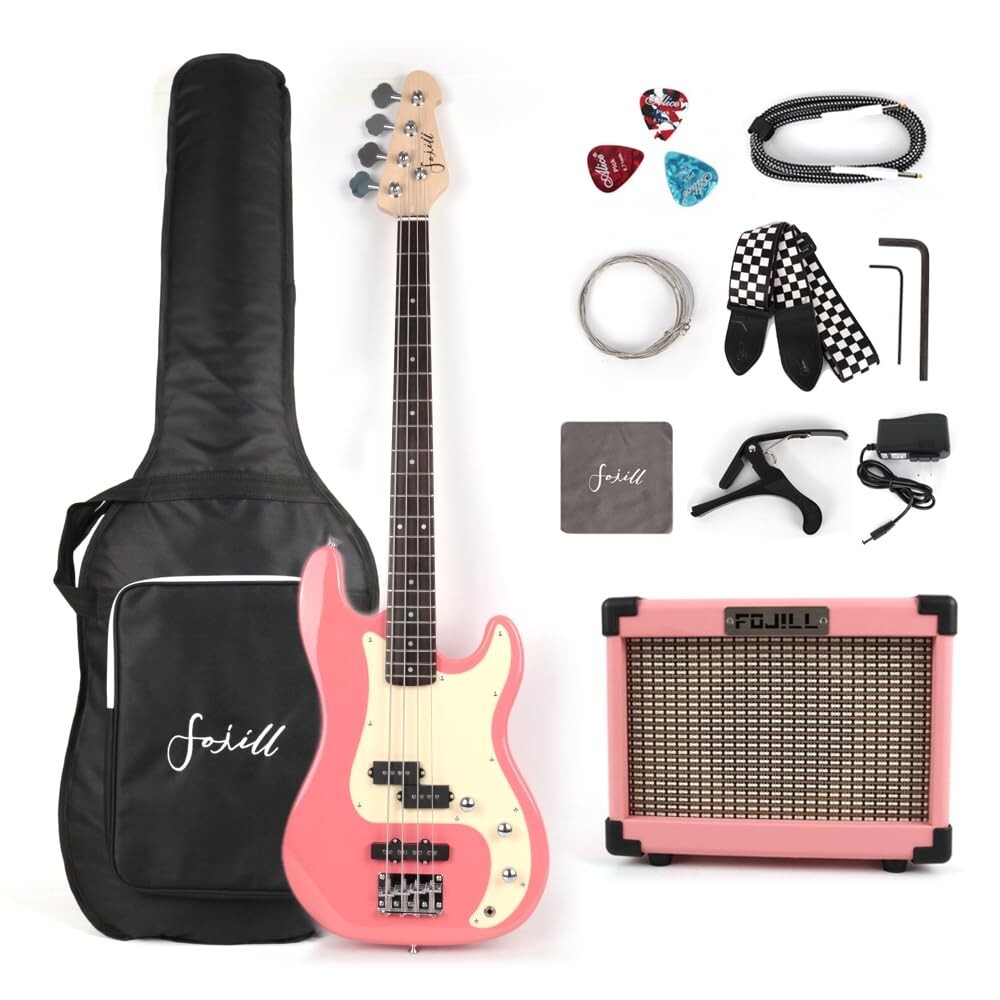 Full Size 4 Four String Electric Bass with amplifier,bag,strap,string in pink
