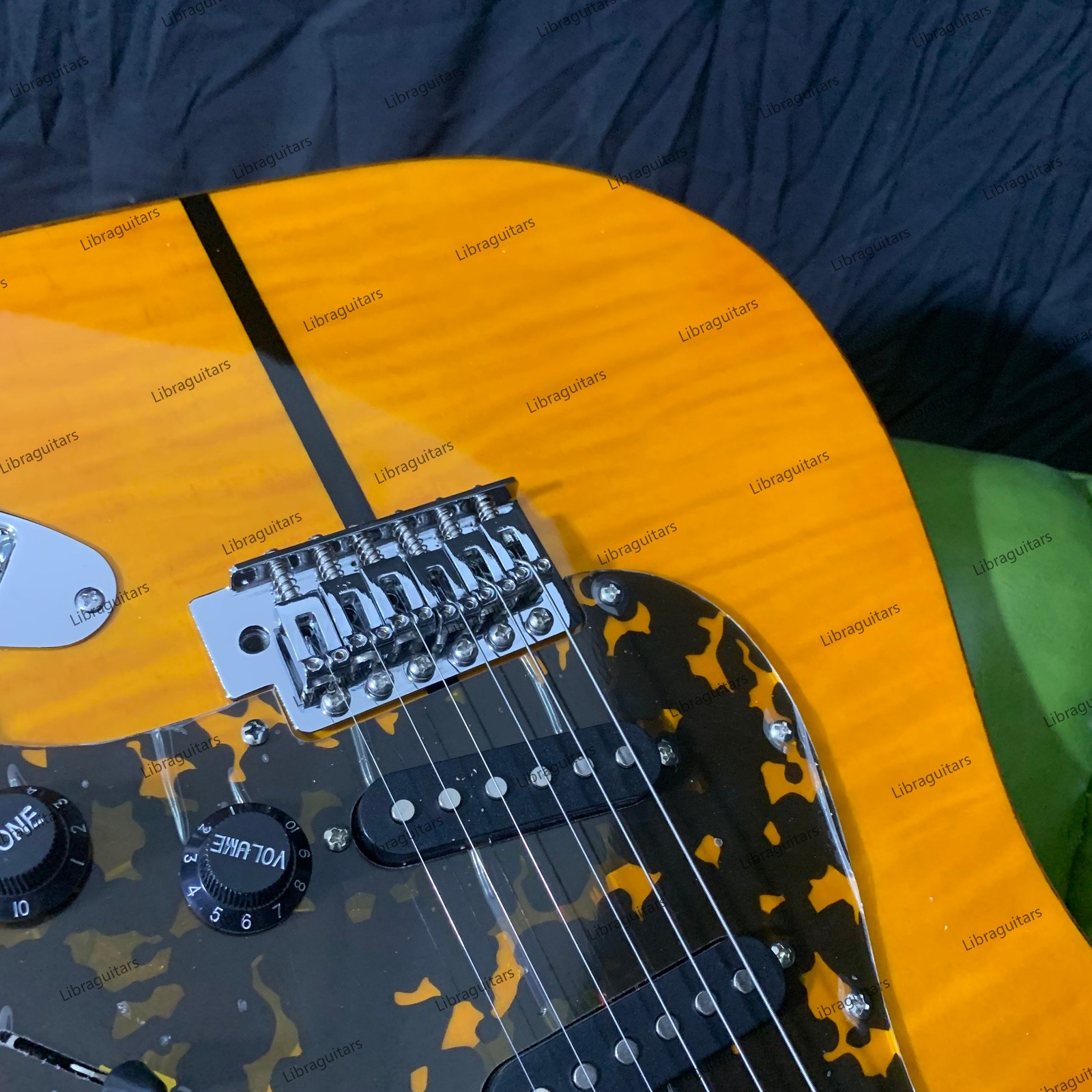 New Electric Guitar Figured Maple Top Veneer Tremolo Bridge SSS Pickups Yellow