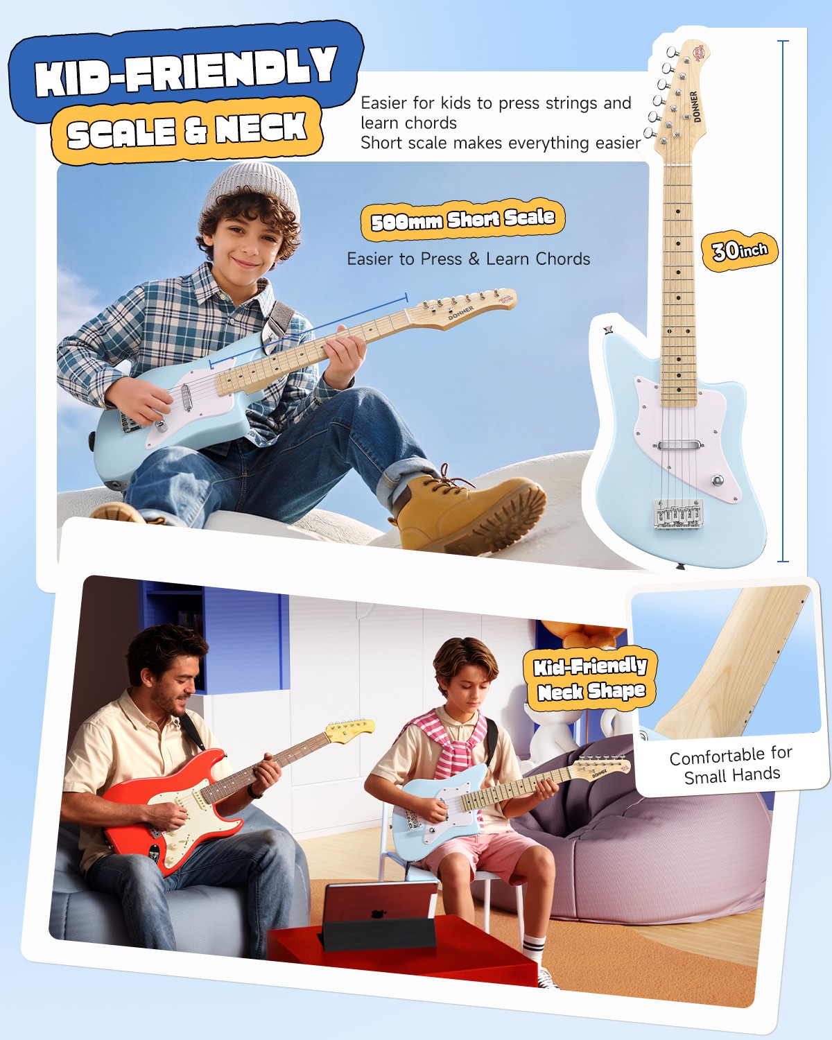 Donner 30 Inch Kids Electric Guitar Kit – Short Scale Starter Set for Toddlers