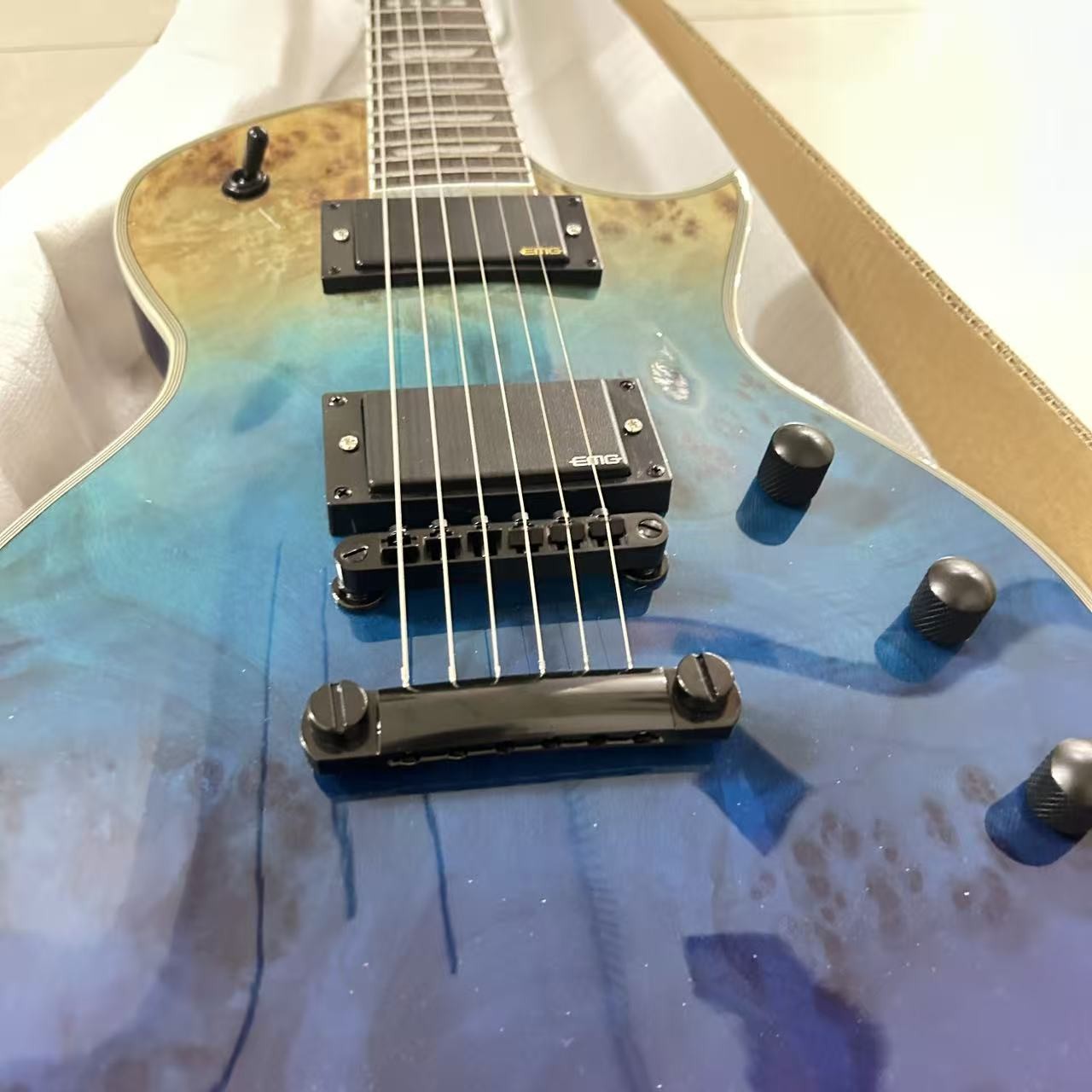 E-II Eclipse Burl Maple Blue Natural Fade Electric Guitar Active HH Pickups