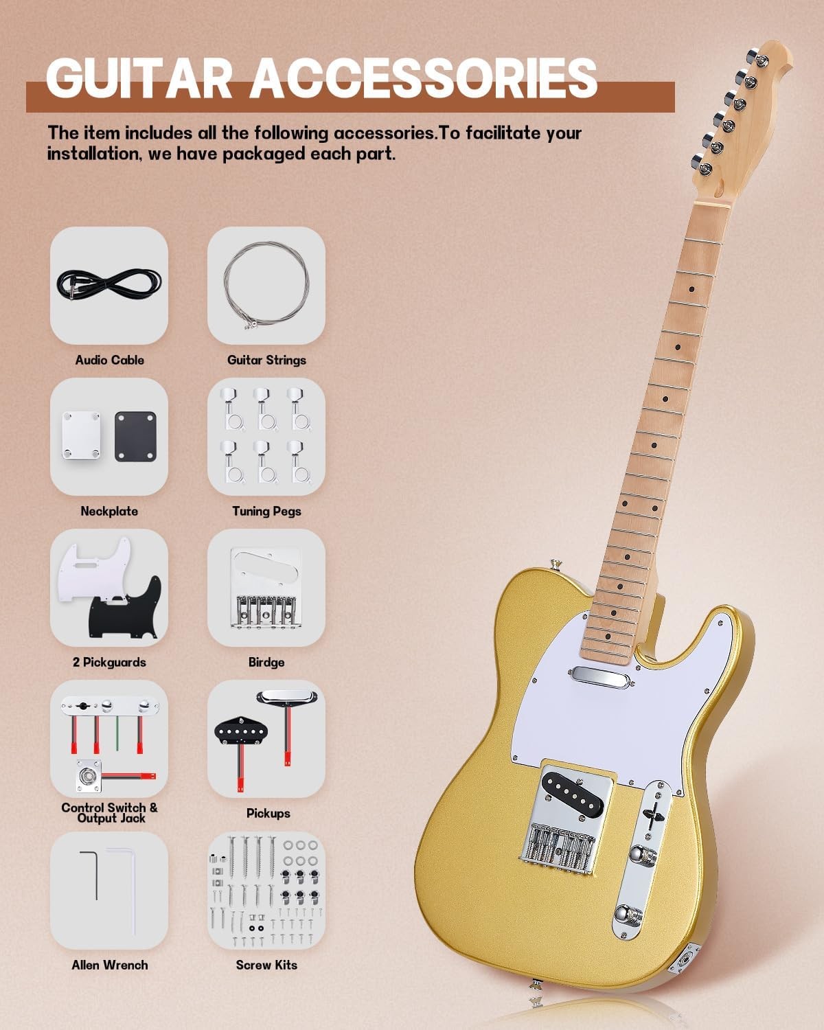 DIY Tele Style Electric Guitar Kit GOLD Mahogany Body,Maple Neck, Incl Parts!