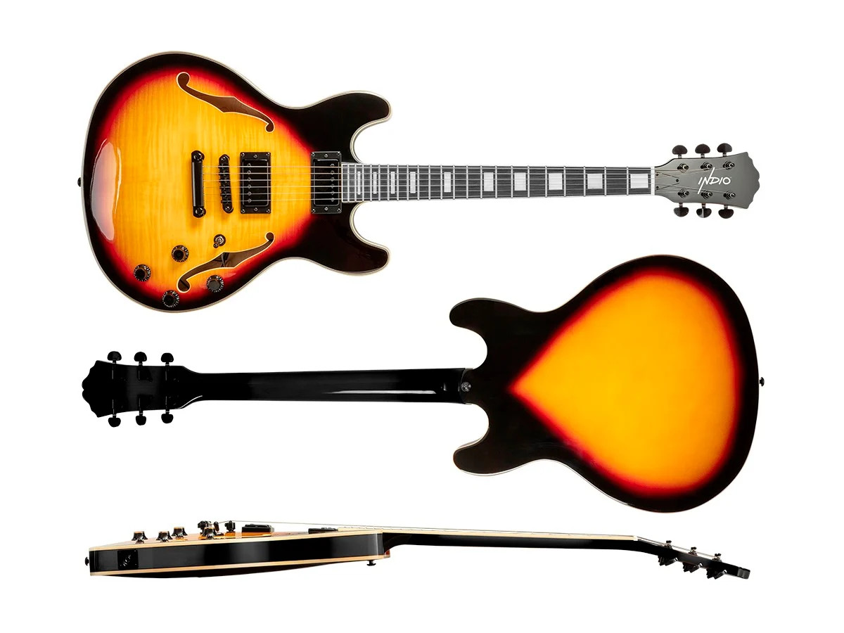 Monoprice Indio Boardwalk Flamed Maple Hollow Body Electric Guitar – Sunburst