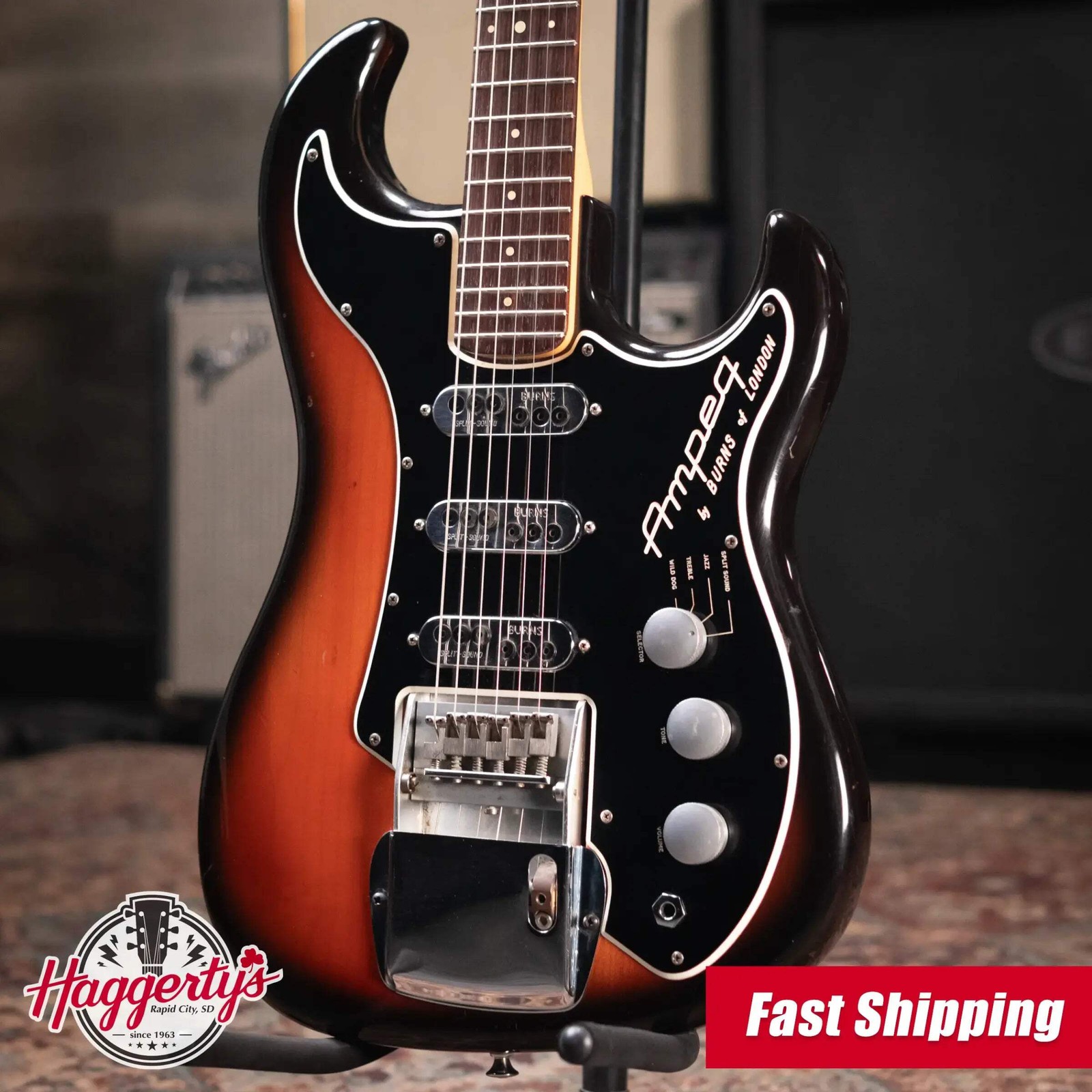 Ampeg Burns Split Sound Electric Guitar Sunburst with Ampeg Tolex Case – Used