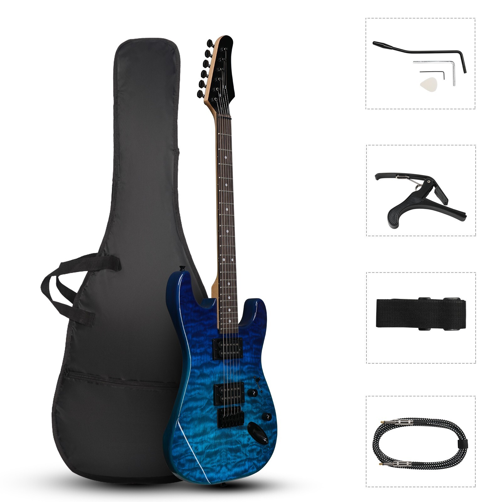 Full-Size Blue Burst Electric Guitar with Flame Maple Veneer Top and HH Pickups