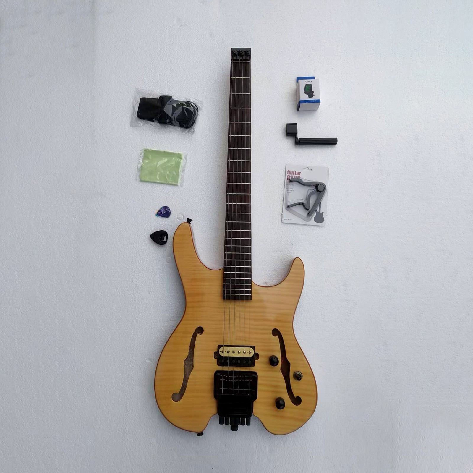 Headless Electric Guitar Tiger Maple N Through N Double F-Holes