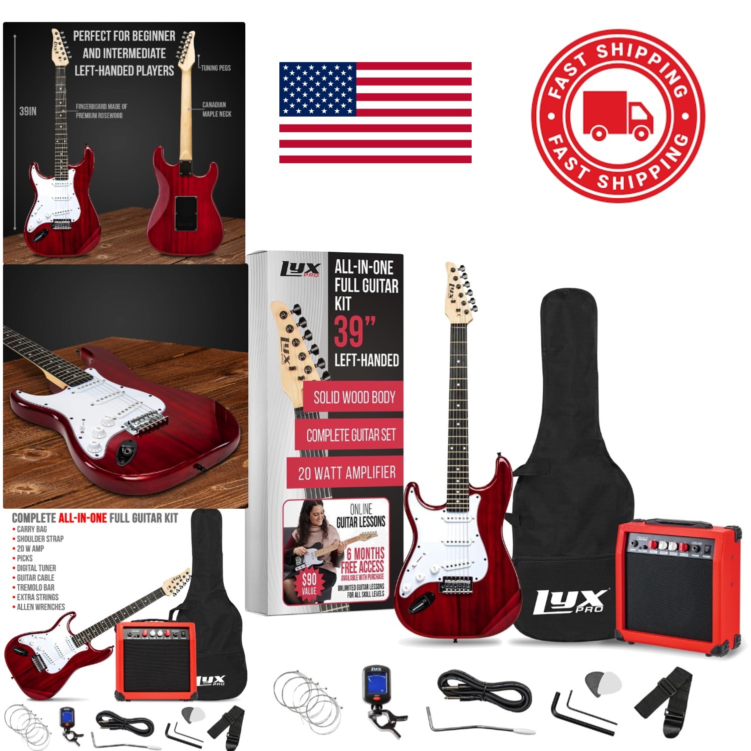 Full Size Left Handed Electric Guitar 39 Inch Maple Wood with Accessories Red