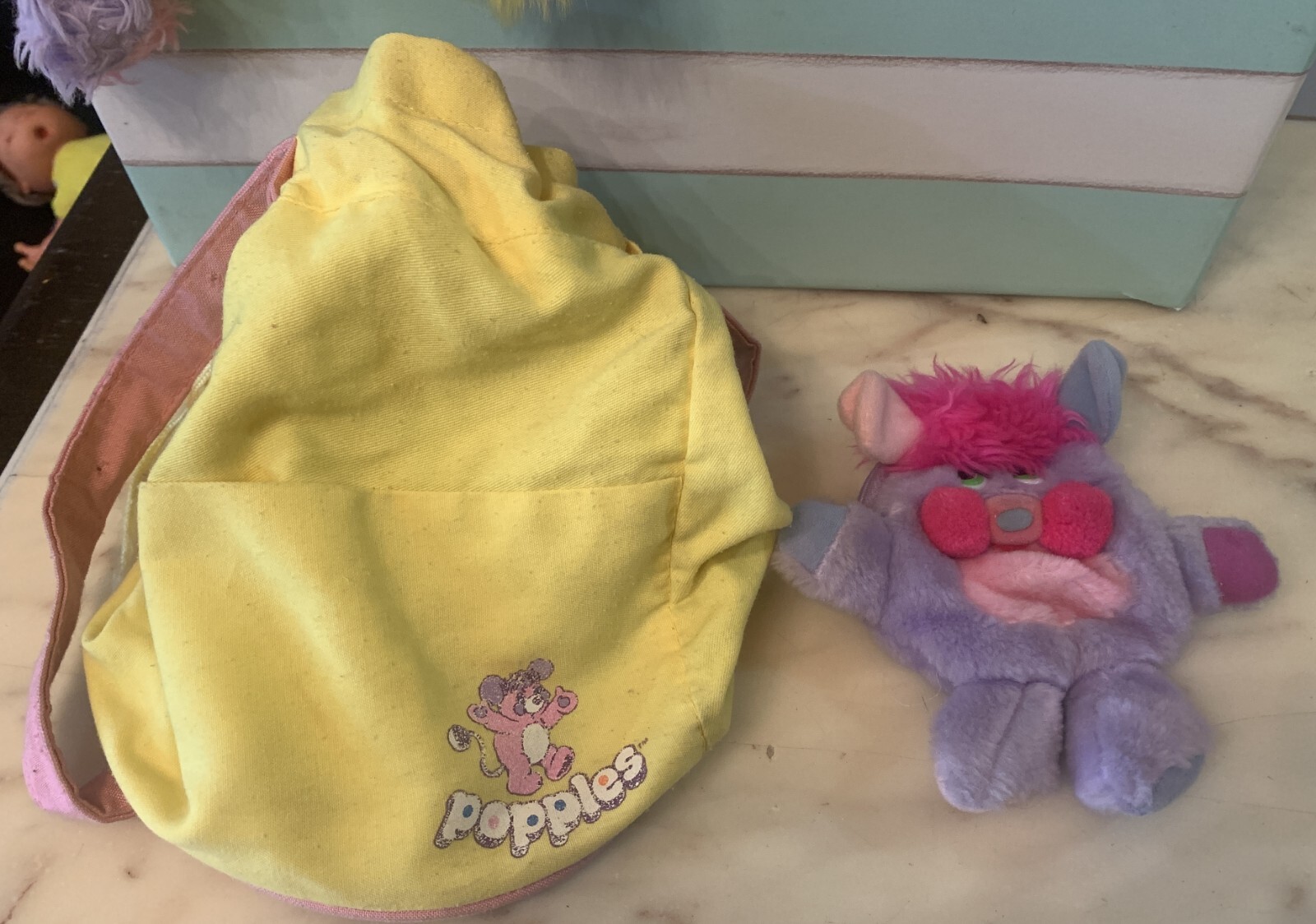 VINTAGE LOT toy DOLL POPPLES BAG MATTEL 1986-87 chips YELLOW BASKET PINK PURPLE