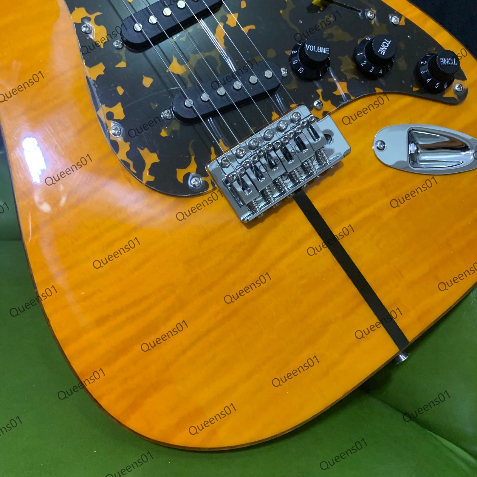 New Electric Guitar Figured Maple Top Veneer Tremolo Bridge SSS Pickups Yellow