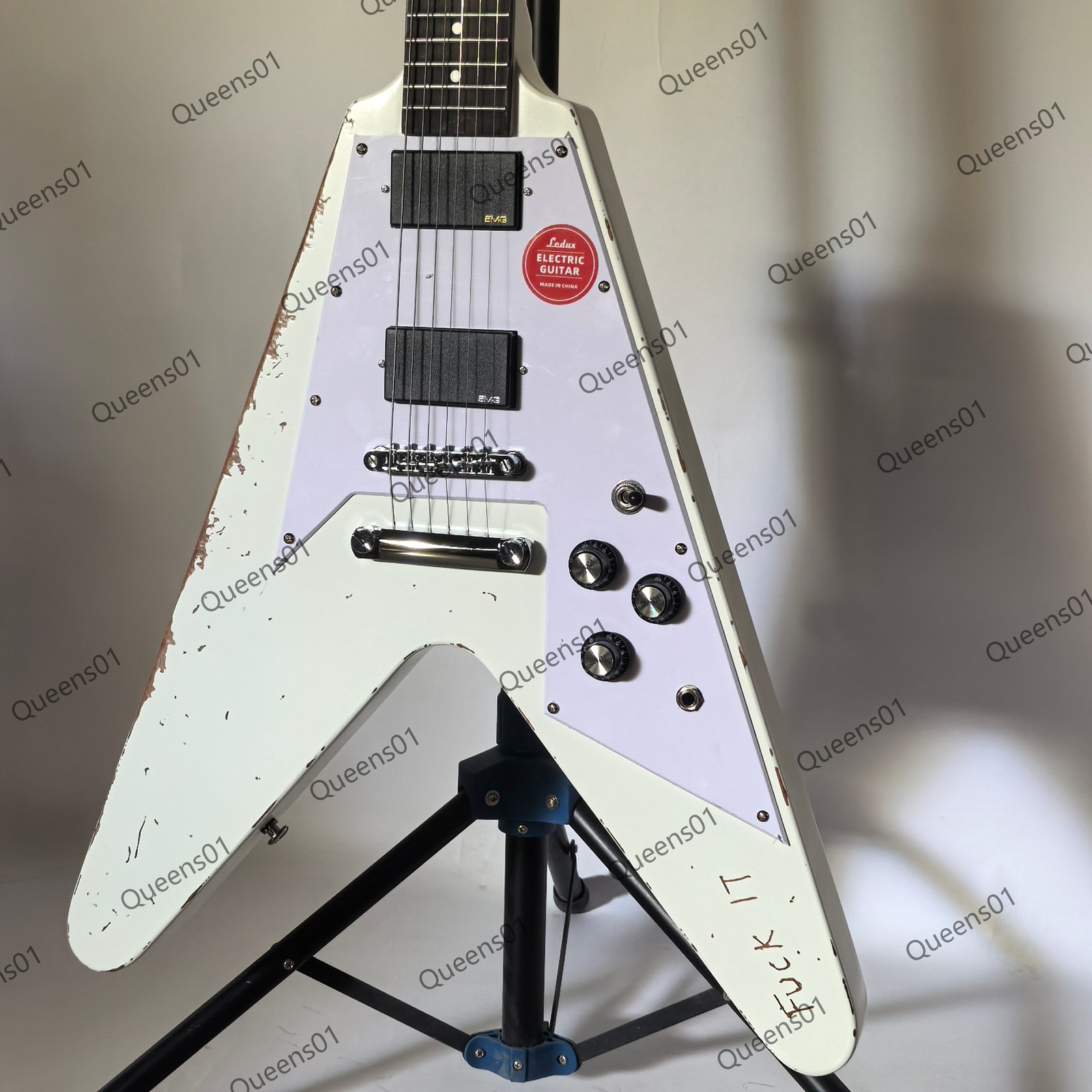 Aged V Shaped Electric Guitar Stainless Steel Rounded Frets Solid White US Ship