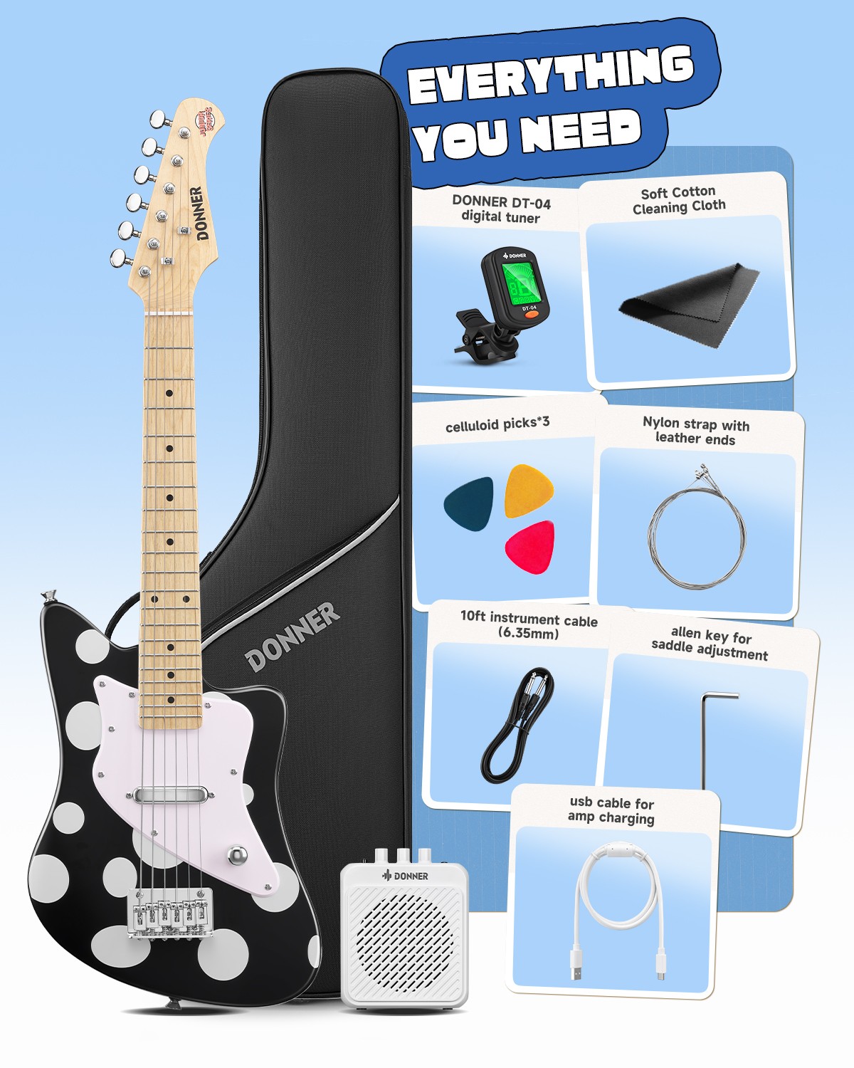 Donner 30-Inch Kids Electric Guitar – DJM-100 Polka Dot Mini Guitar for Boys