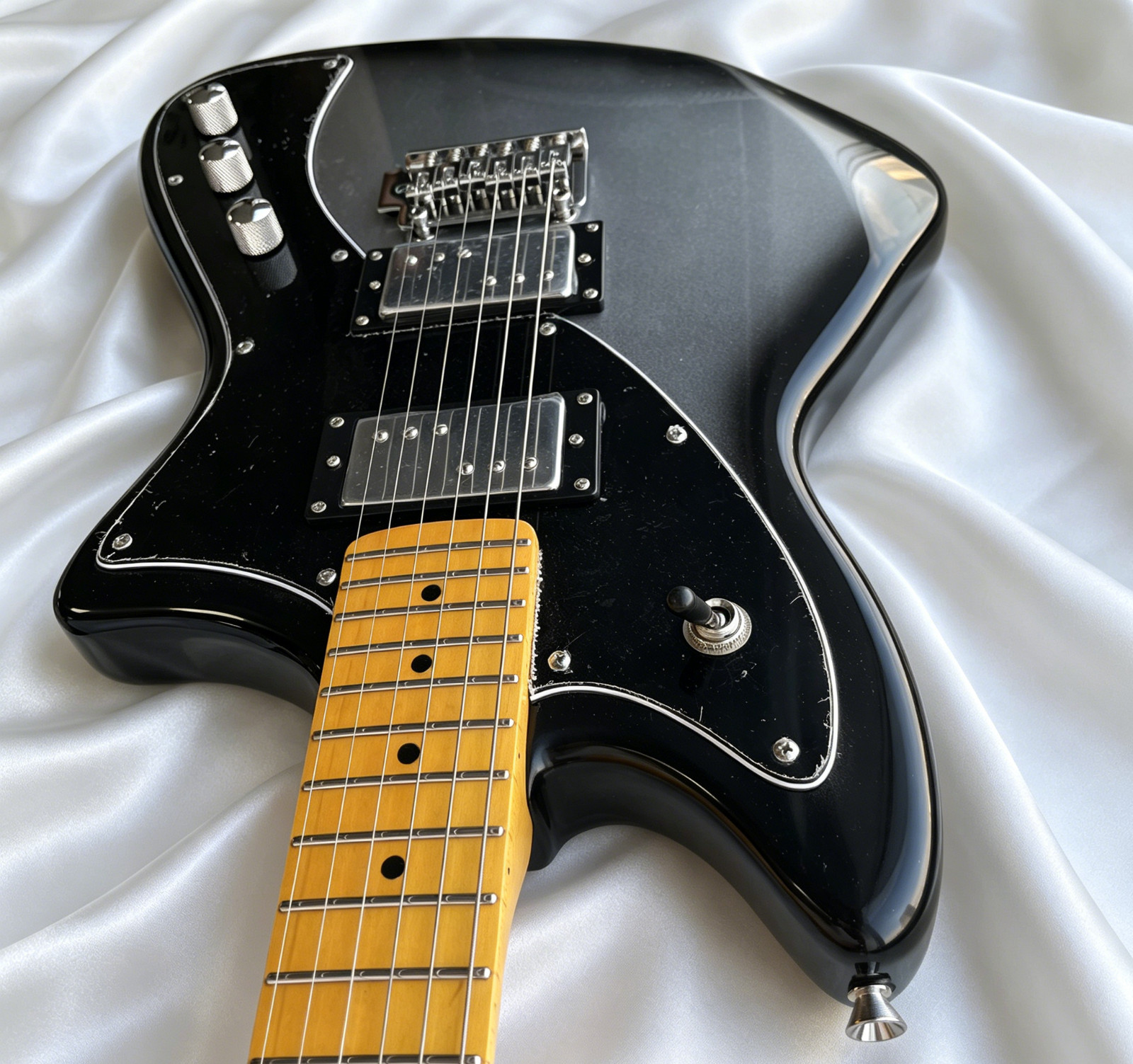 Black Silver Jazz master Style Electric Guitar HH Humbuckers Maple Neck