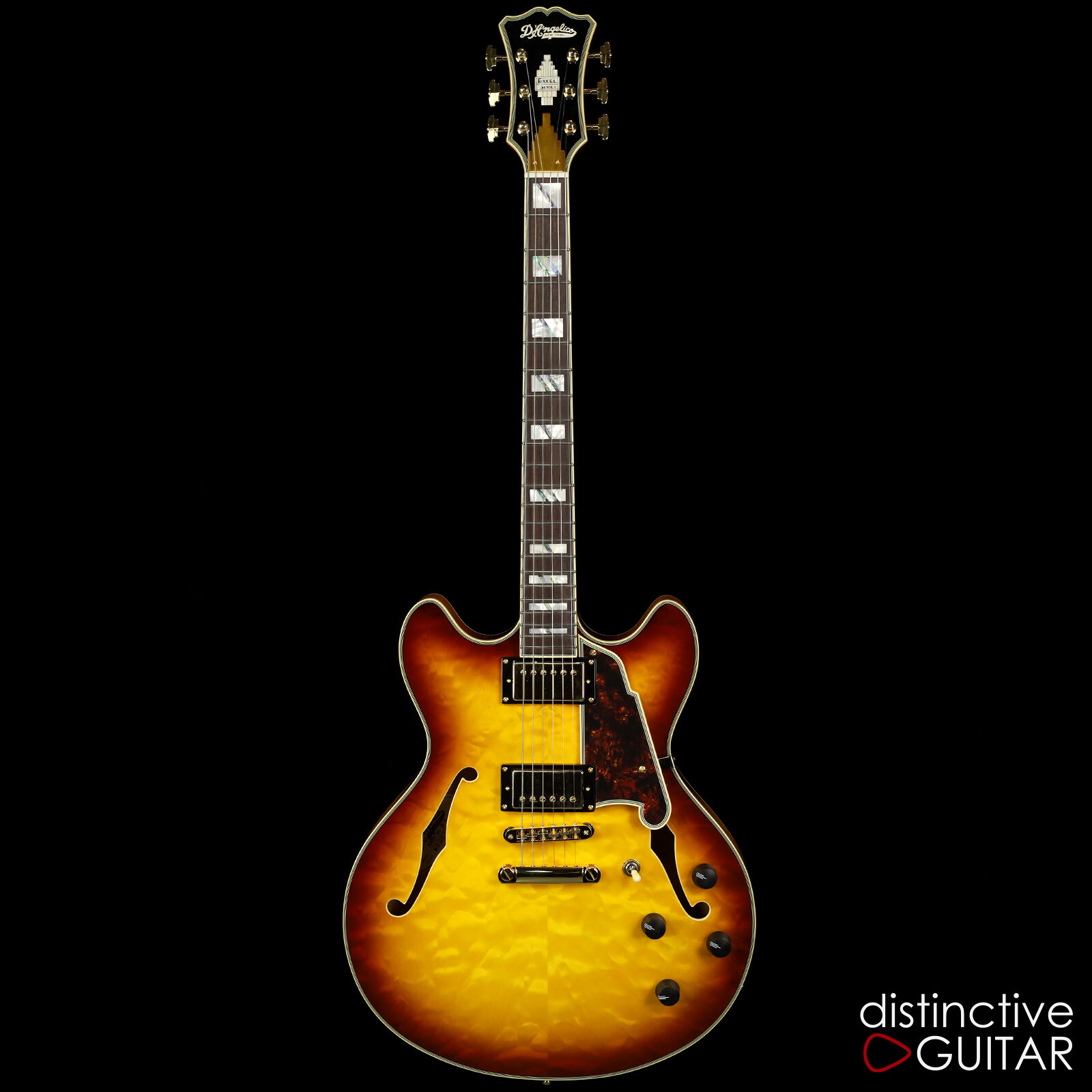 BRAND NEW D’ANGELICO EXCEL DC XT ICED TEA BURST QUILT TOP HH SEMI HOLLOW GUITAR