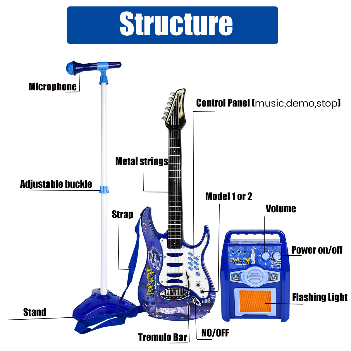 Kids Multi-color Electric Guitar Set MP3 Player Learning Toys Microphone, Amp