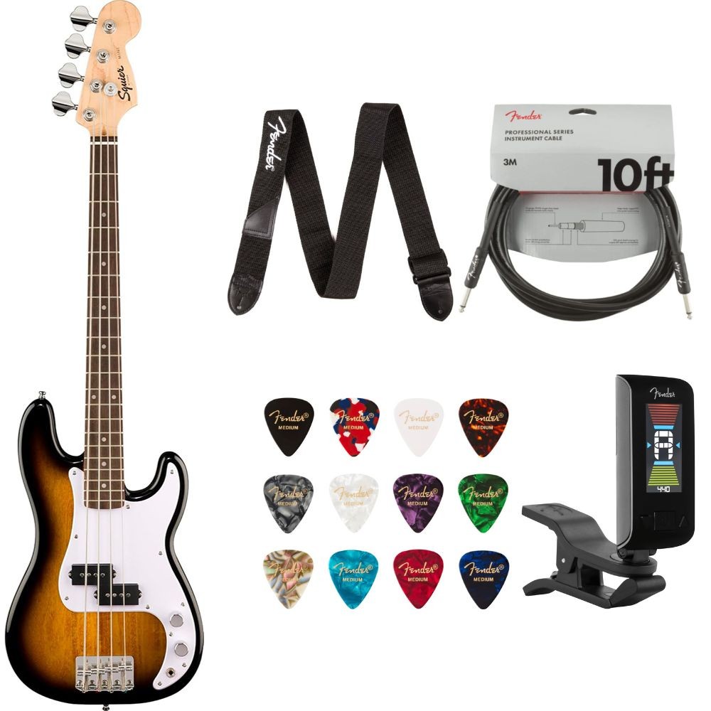Fender Squier Mini Precision Bass 2-Color Sunburst Bundle w/ Strap Cable