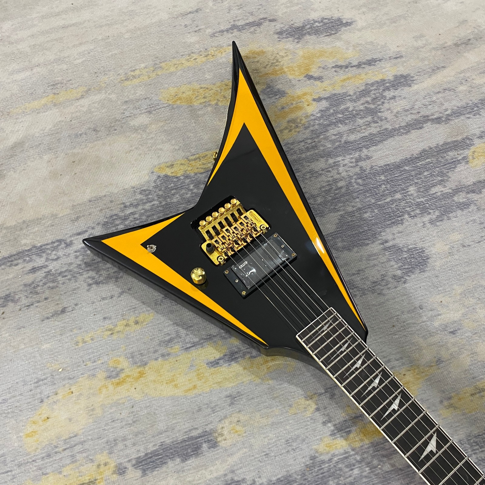 Striking Black Yellow Stripe V Style Electric Guitar Gold Hardware Mahogany Body