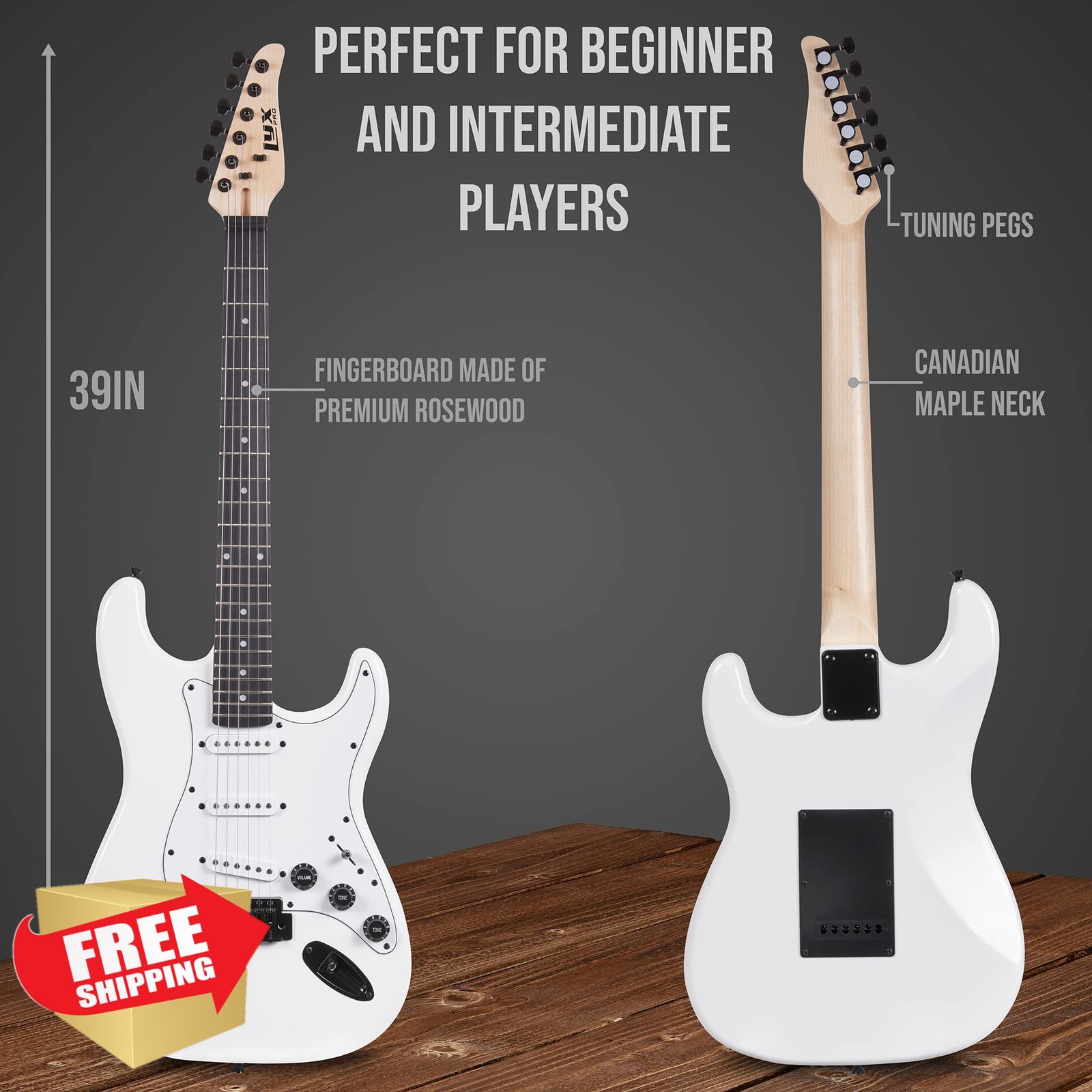 LyxPro 39” White Electric Guitar Kit Beginner Amp Picks Guide