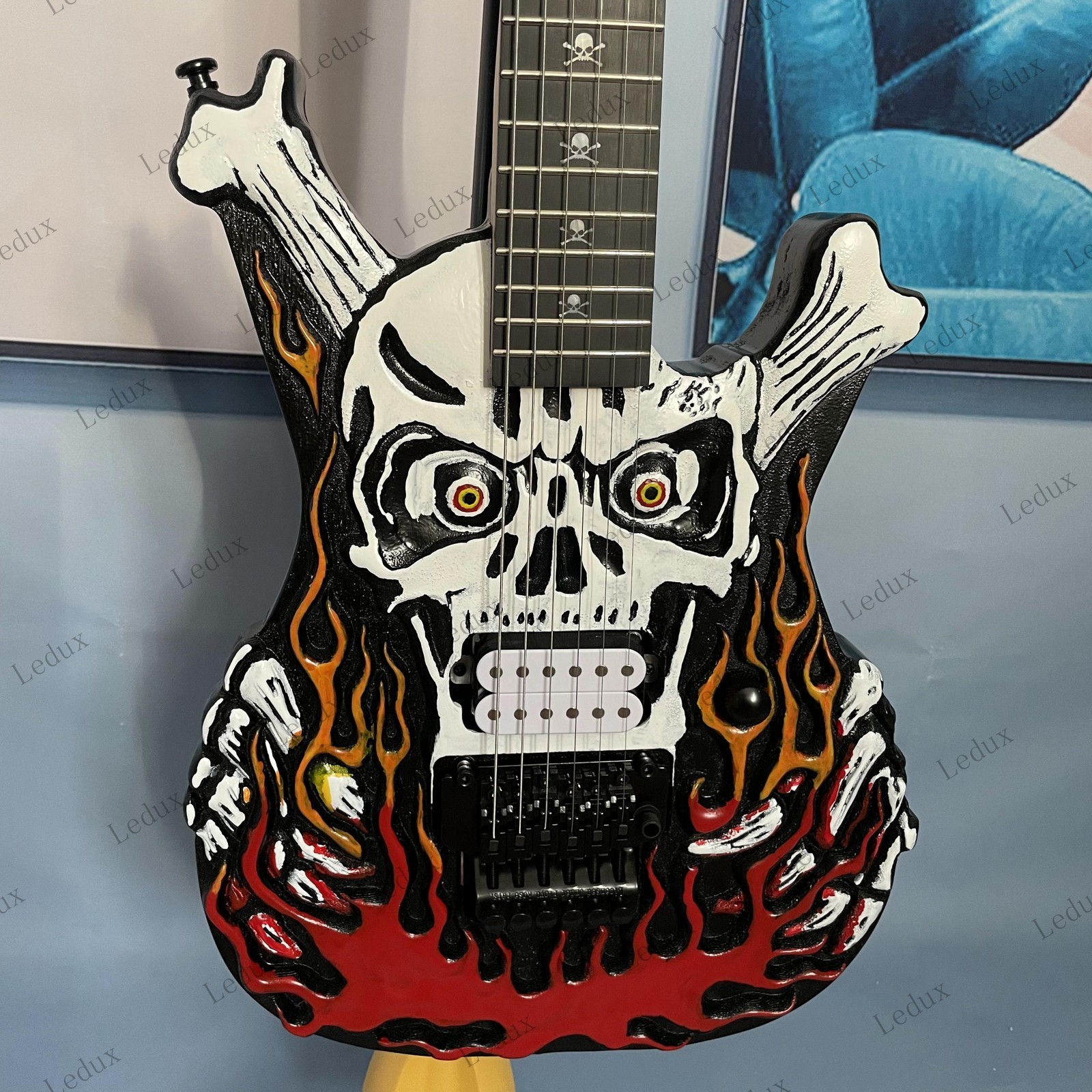Skull Flame Graphic Solid Body Electric Guitar Stainless Steel Rounded Fret Edge