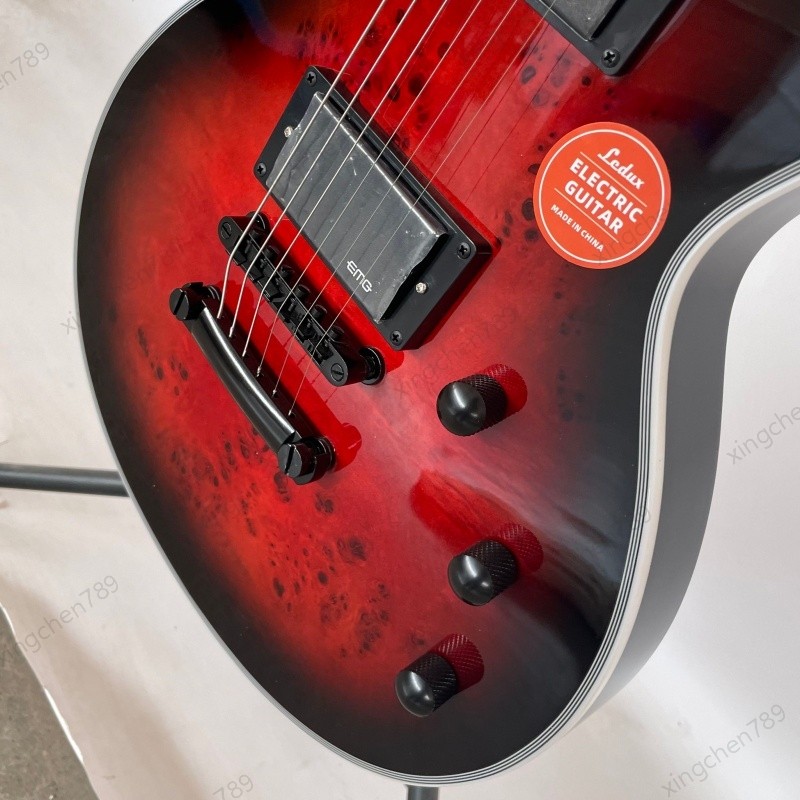 Solid Electric Guitar Red Burst Burl Top Stainless Fret Bone Nut Active pickups