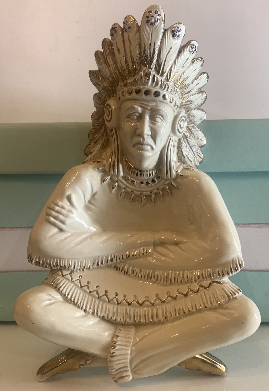 VINTAGE 11″ LARGE FIGURE CERAMIC COIN TRAY AMERICA INDIAN NATIVE MADE IN ITALY