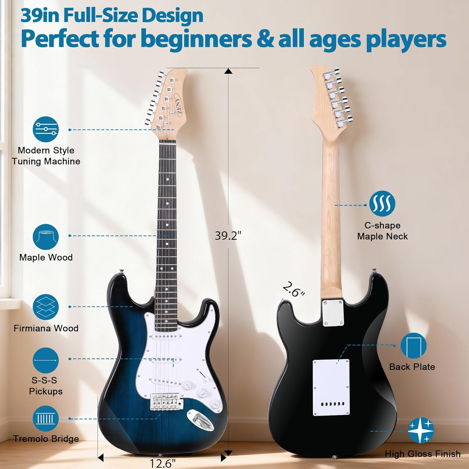 ZENY 39″ Full Size Electric Guitar with Amp, Case and Accessories Pack Beginner