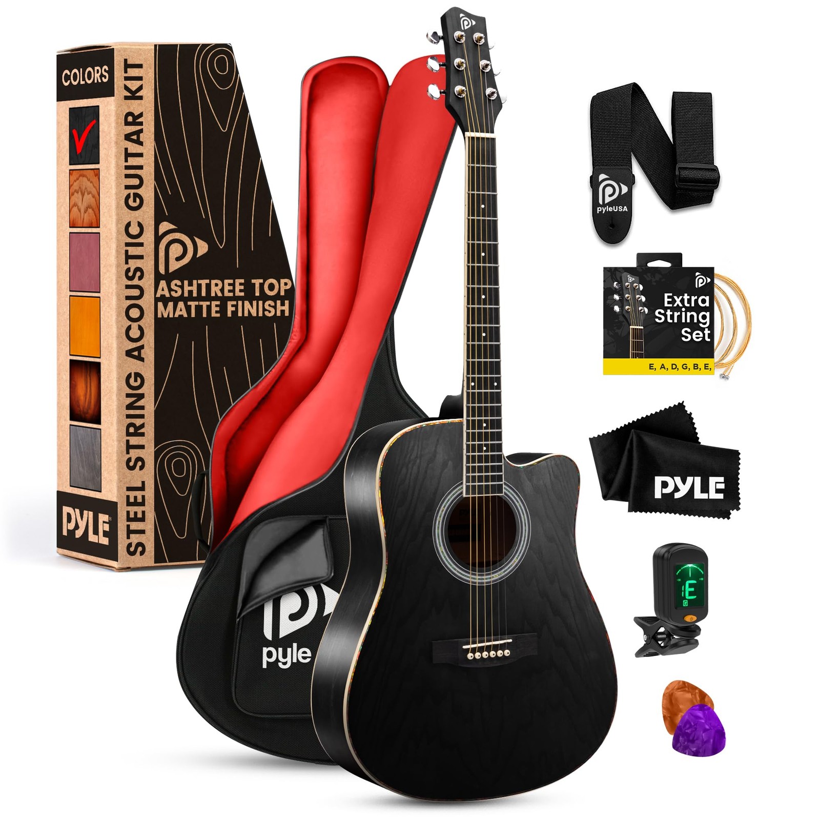 Pyle Steel String Acoustic Guitar Kit, 41″ Full Size – Black Matte
