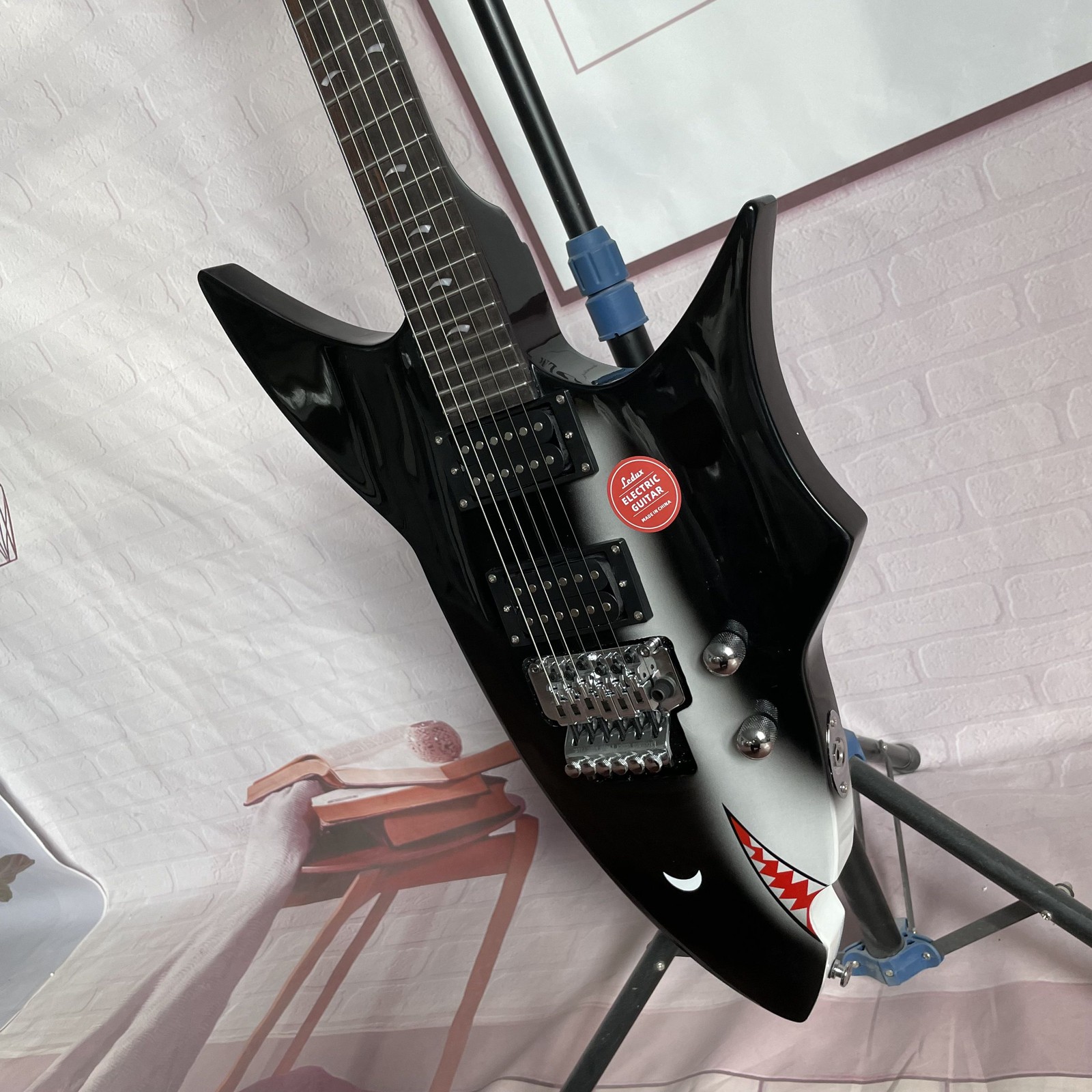 Electric Guitar H-H Pickups Black Finish Solid 6-String Chrome HW Shark Shape