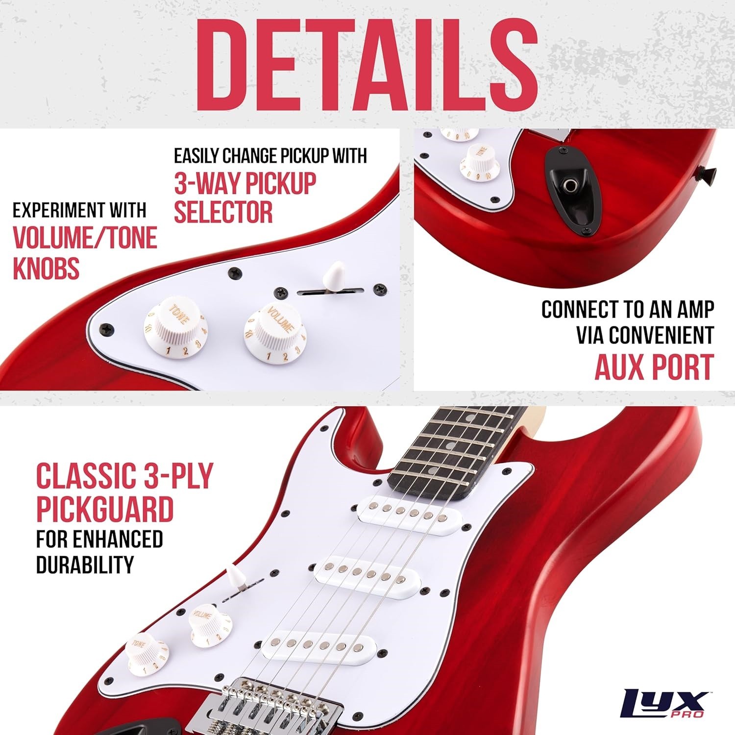 LyxPro CS 36in Left Hand Electric Guitar Kit Amp Cable 6 Picks Guide Red