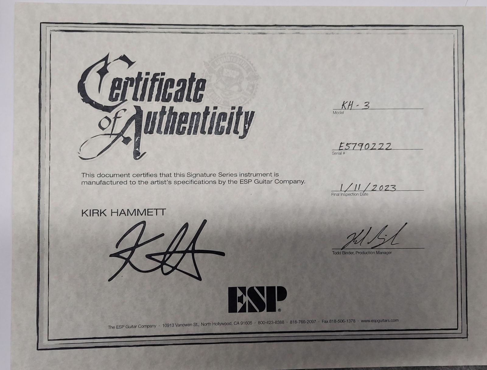 2023 ESP KH-3 Kirk Hammet COA Included Neck Thru! (330)
