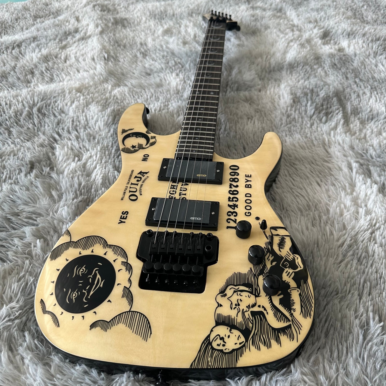 Natural Wood Hand-Drawn Electric Guitar, Black White Graffiti Graphic, Double Tr