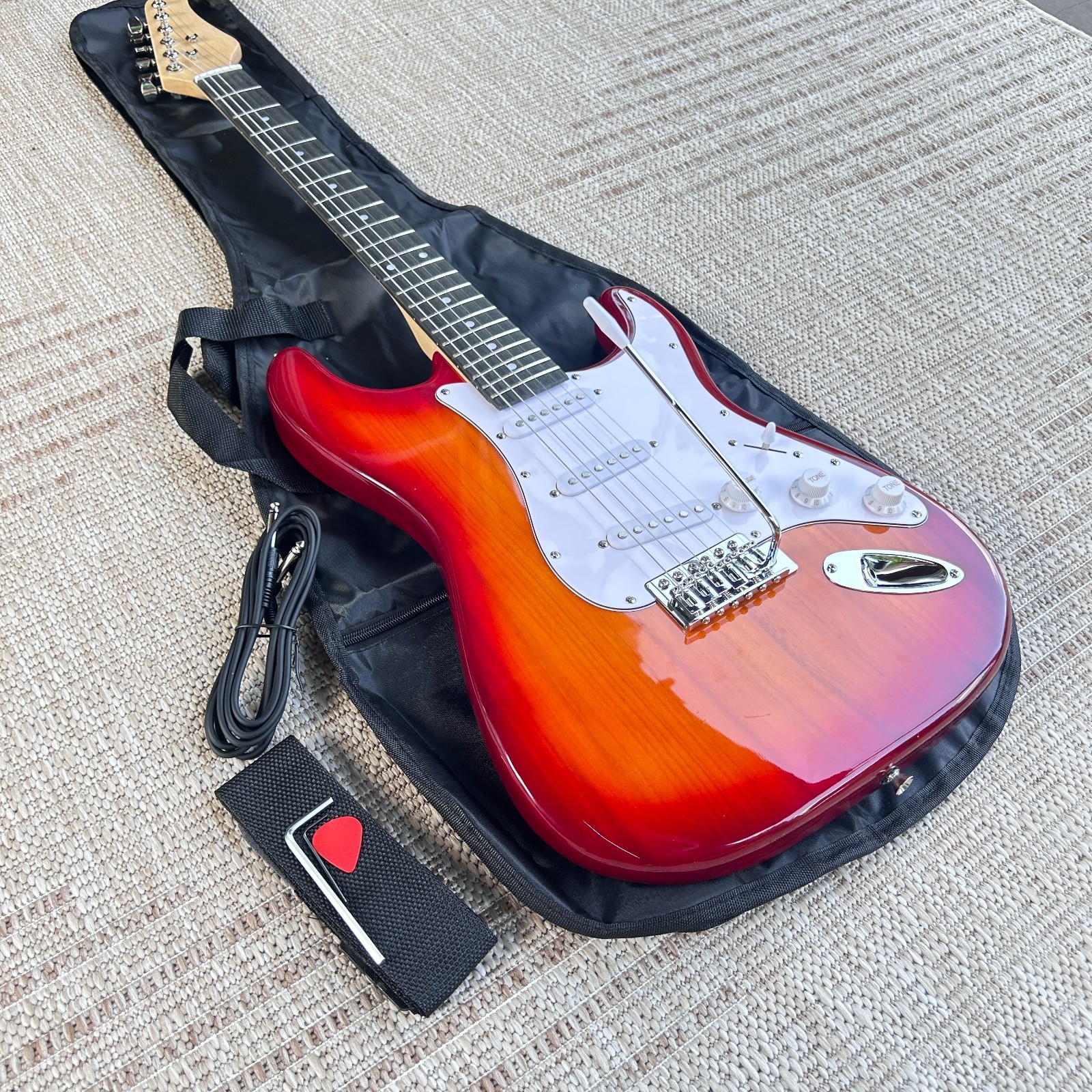 Cherry Sunburst Electric Guitar Package with Gig Bag, S-S-S Pickups, Full-Size