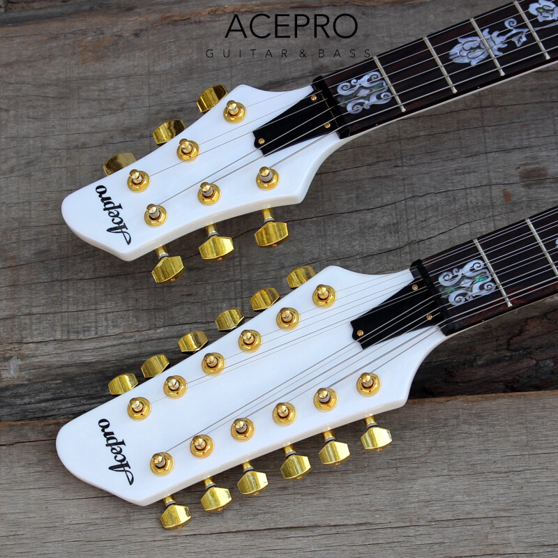 Acepro Double Neck White Electric Guitar Carved Top Abalone Custom Stem Inlays