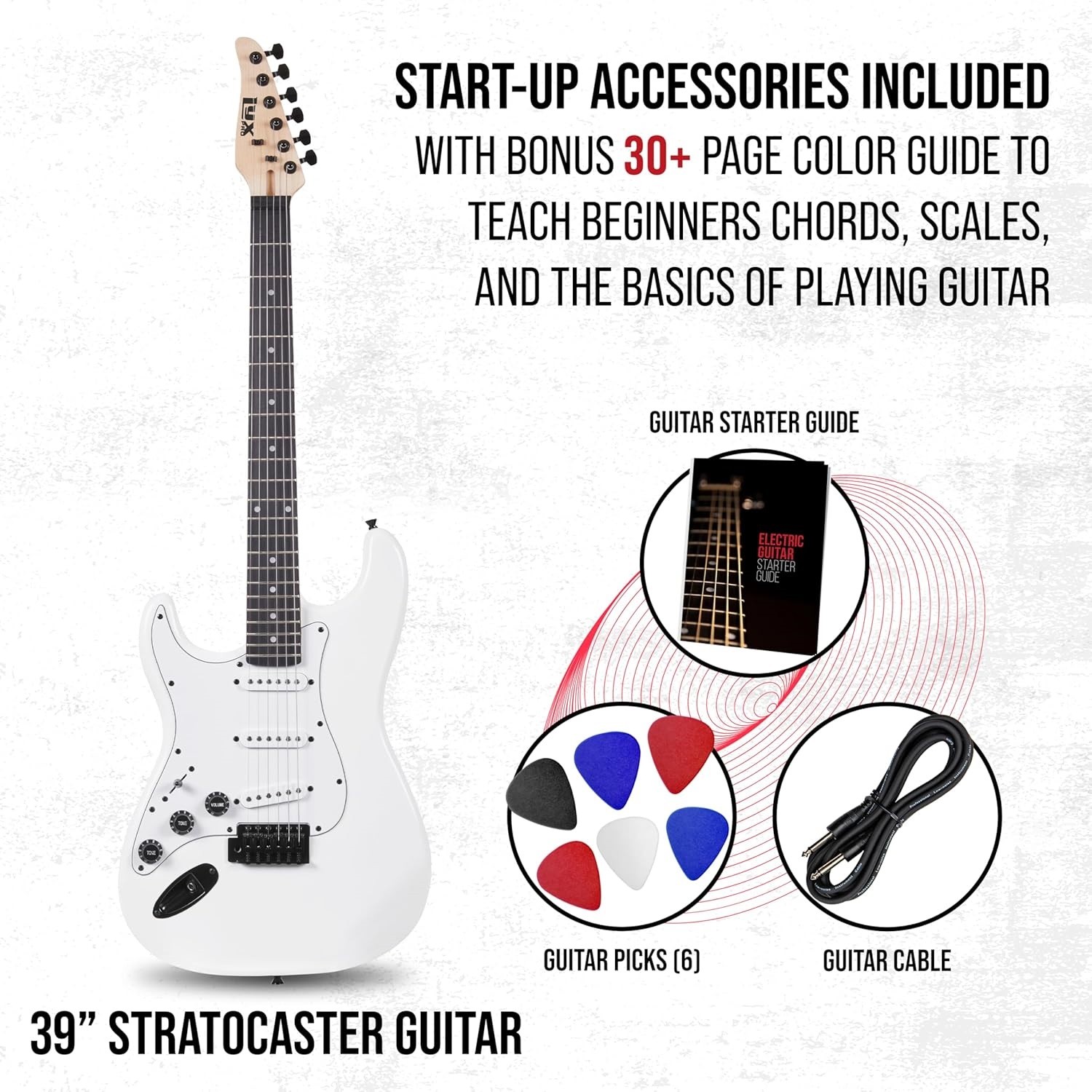 LyxPro CS 39in Left Hand Electric Guitar Kit Amp Cable Picks Guide Full White