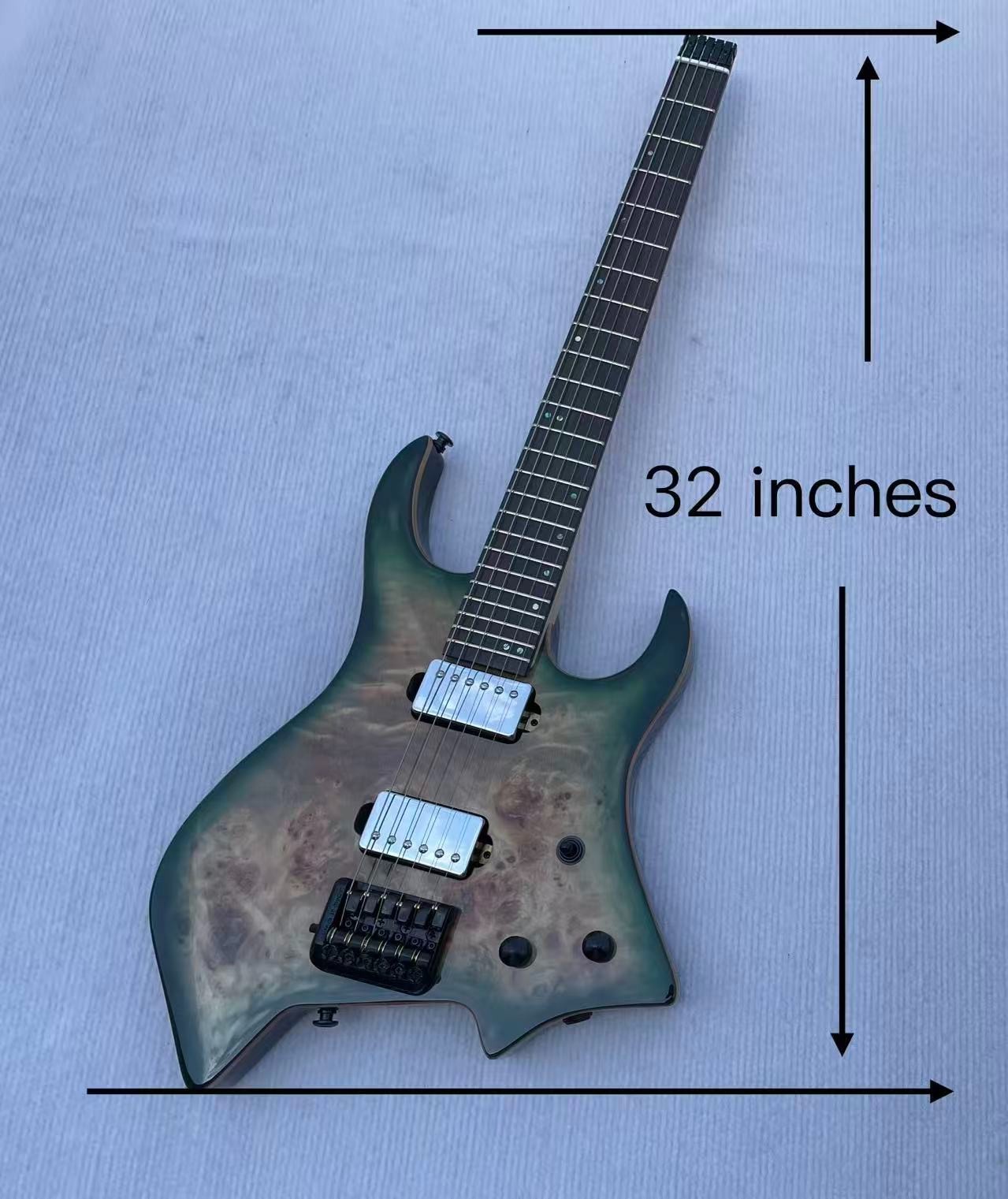 Headless / Travel 6 String Electric Guitar Solid Body Glossy Finished Burl Top