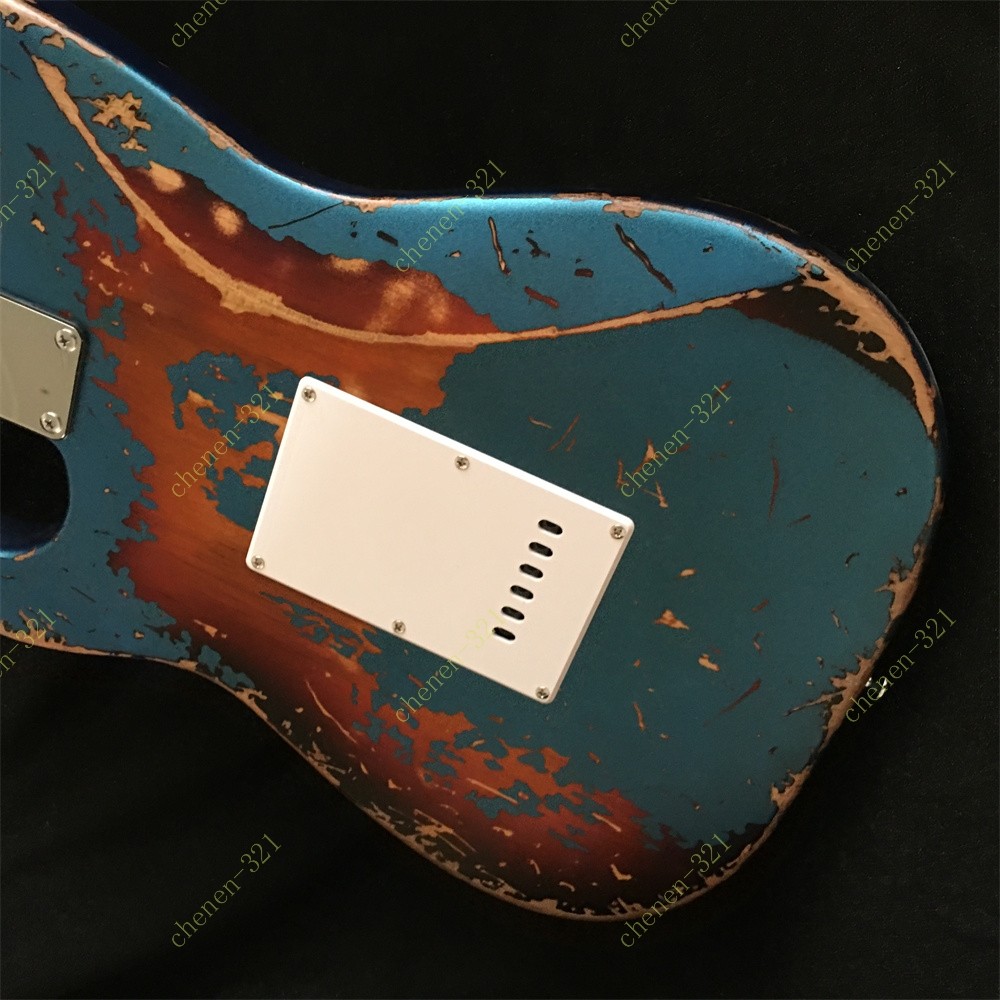 Electric Guitar Stainless Fret Red Turtle Shell Pickguard Blue 3-tone Sunburst