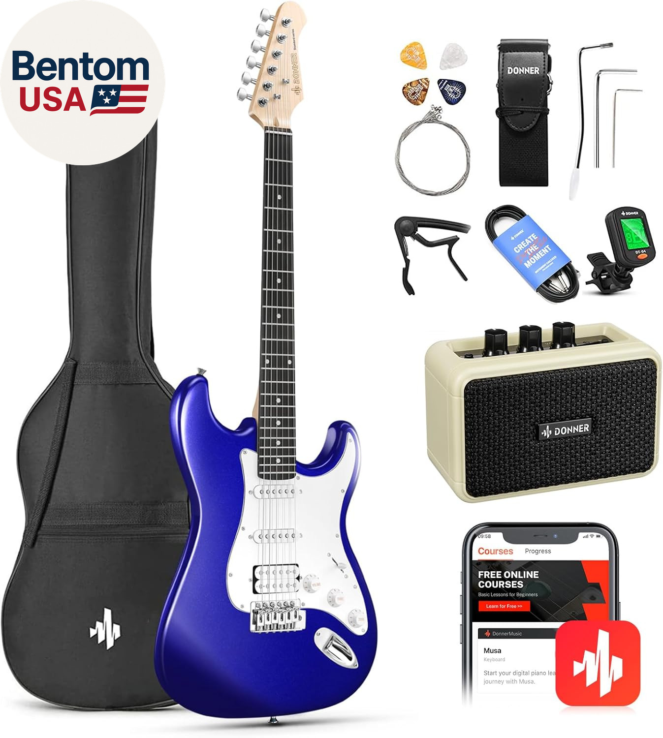 39-Inch Electric Guitar Kit – Purple Sapphire Blue HSS Pickup, Amplifier, Lesson