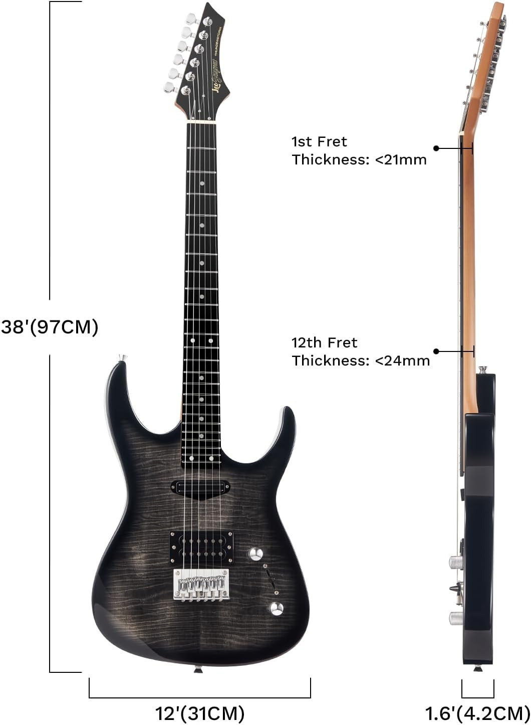 Leo Jaymz Thunderstorm ST Electric Guitar Black Flame 24 Frets Fixed Bridge