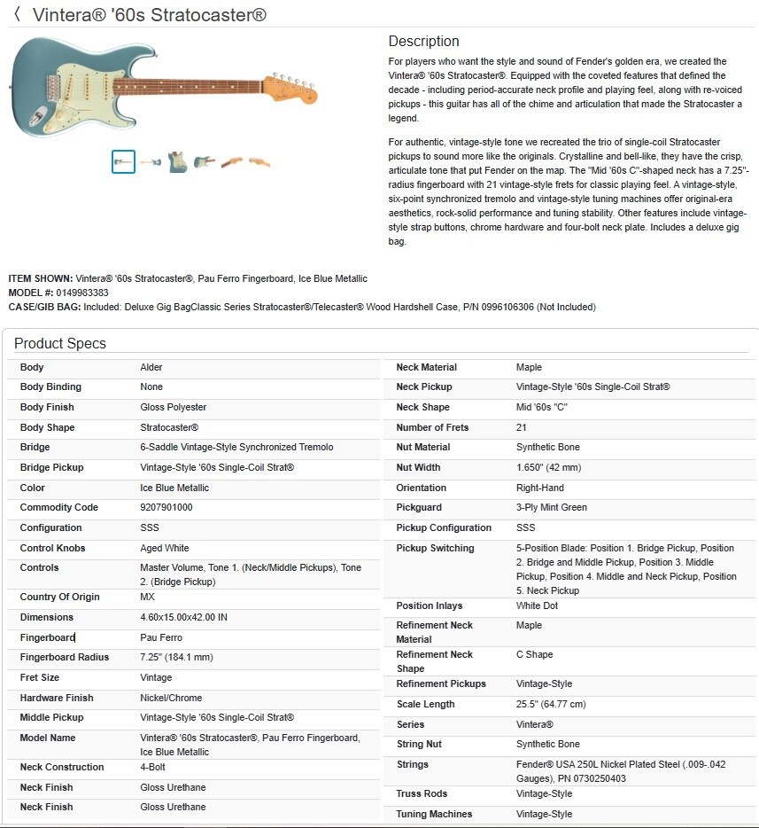 2019 Fender® Vintera 60’s Stratocaster Ice Blue Metallic w/Hard Case EXCELLENT!