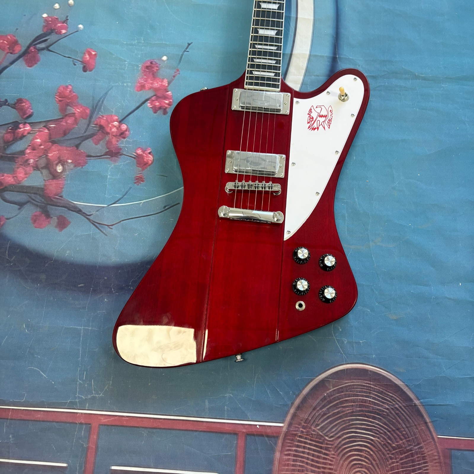 Custom Red Firebird Style Electric Guitar Rosewood Fingerboard Chrome Part