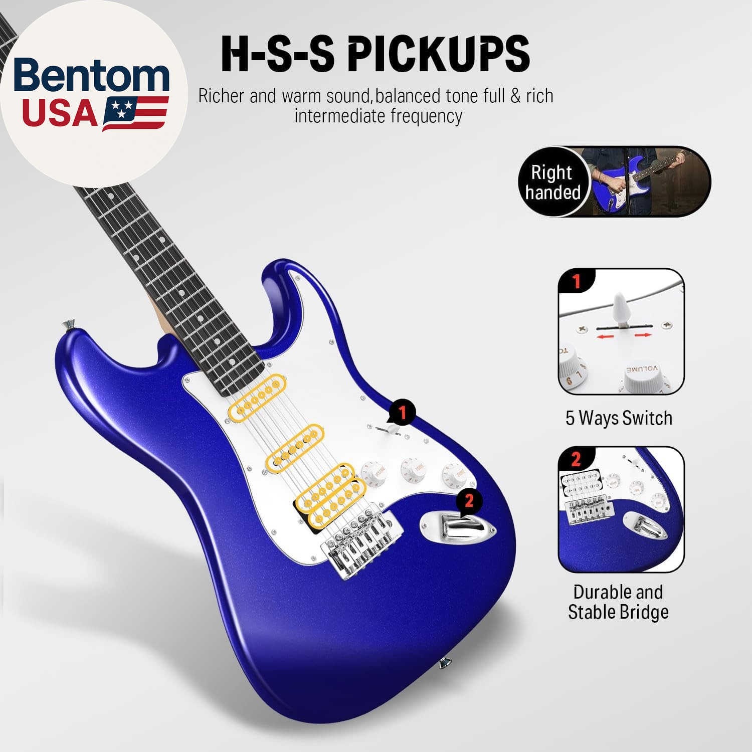 39-Inch Electric Guitar Kit – Purple Sapphire Blue HSS Pickup, Amplifier, Lesson