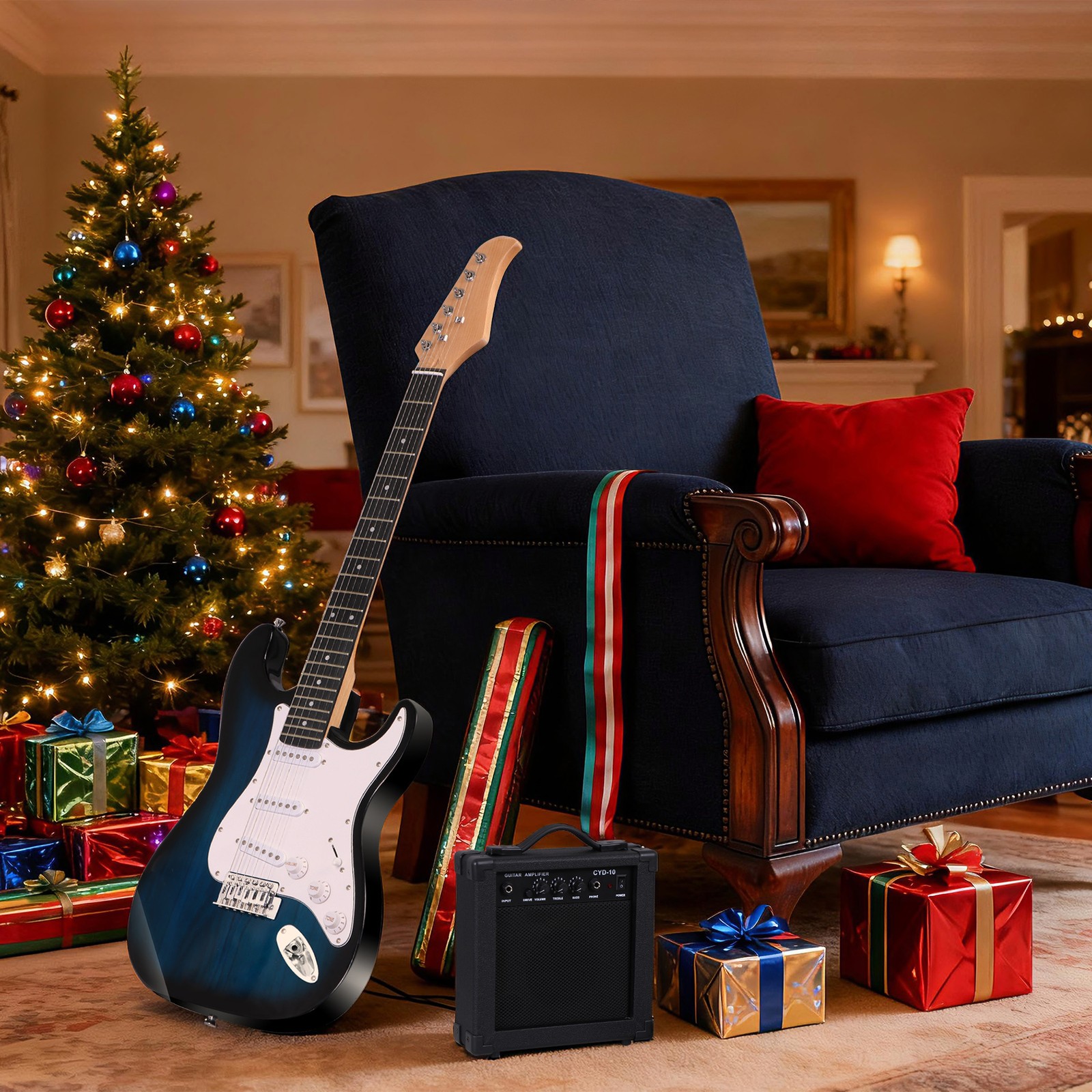 39″ Blue Full Size Electric Guitar with Amp, Case Accessories Pack for Beginners