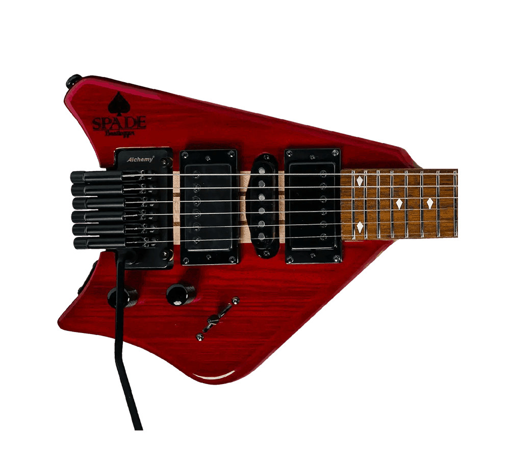 Bootlegger Guitar Spade 25.5″ Headless Guitar Red – HSH, Floating Tremolo + Case